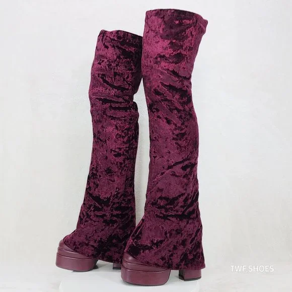 Good Will Unique Thigh High Wine Red Velvet Fold over Chunky Heel Platform Boots - Picture 6 of 10